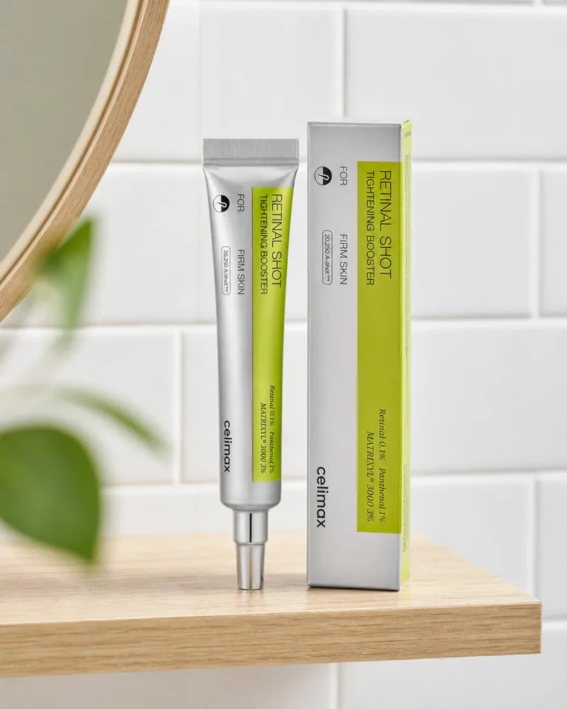 Celimax Retinal Shot con su caja sobre una repisa de baño