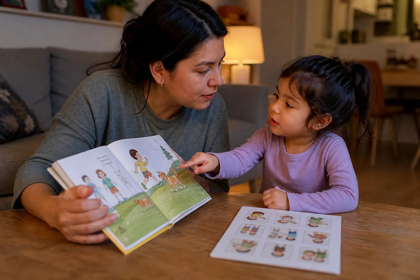 Madre practicando lenguaje mediante la lectura