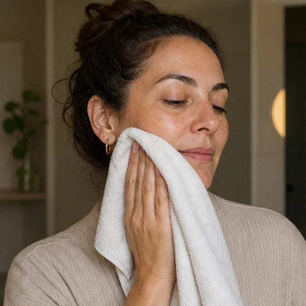 Mujer secando suavemente su rostro antes de aplicar retinal