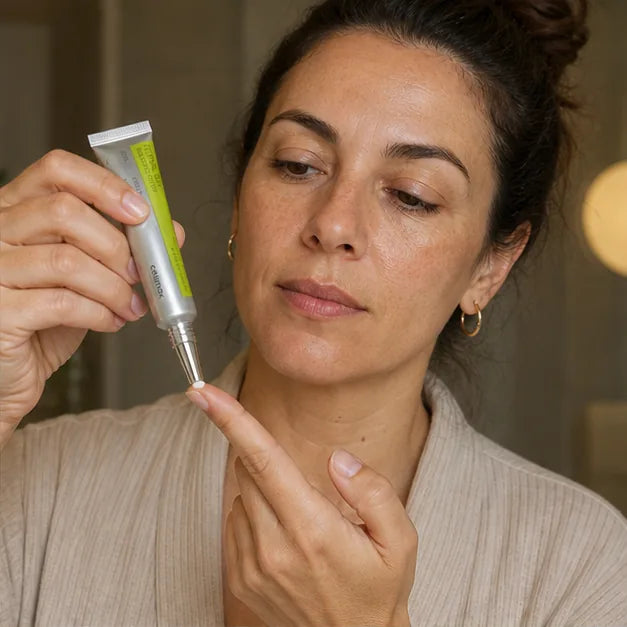 Mujer dispensando una cantidad pequeña de Celimax Retinal Shot