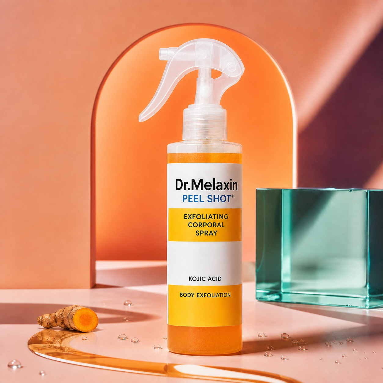 Dr.Melaxin Peel Shot en una escena editorial con agua y curcuma