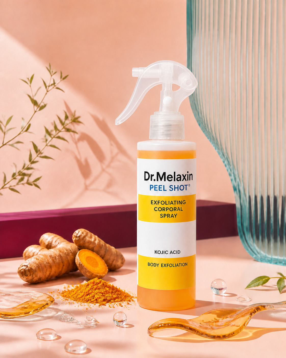 Dr.Melaxin Peel Shot acompañado de curcuma y elementos acuosos