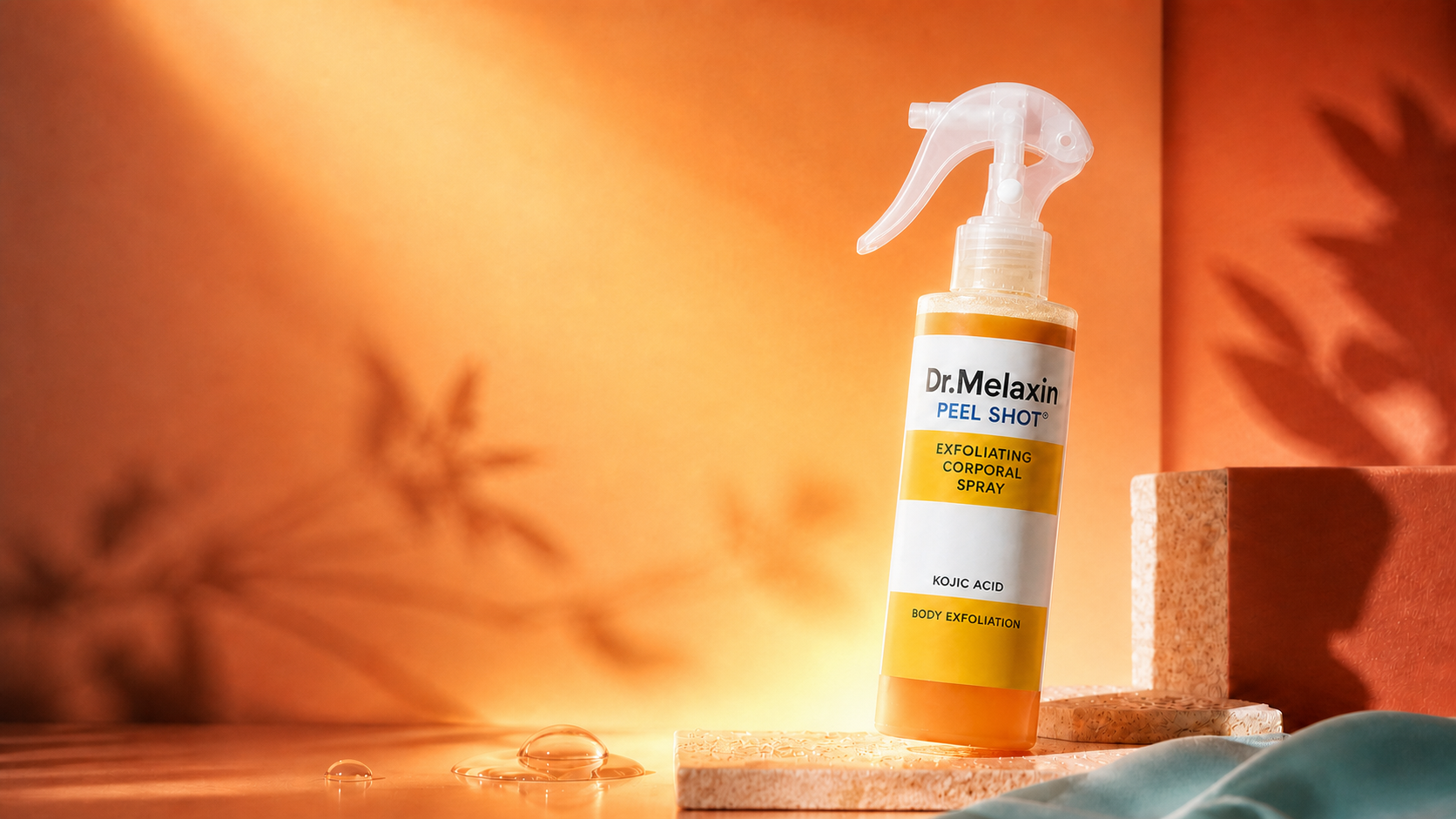 Dr.Melaxin Peel Shot exfoliante corporal en una escena editorial naranja