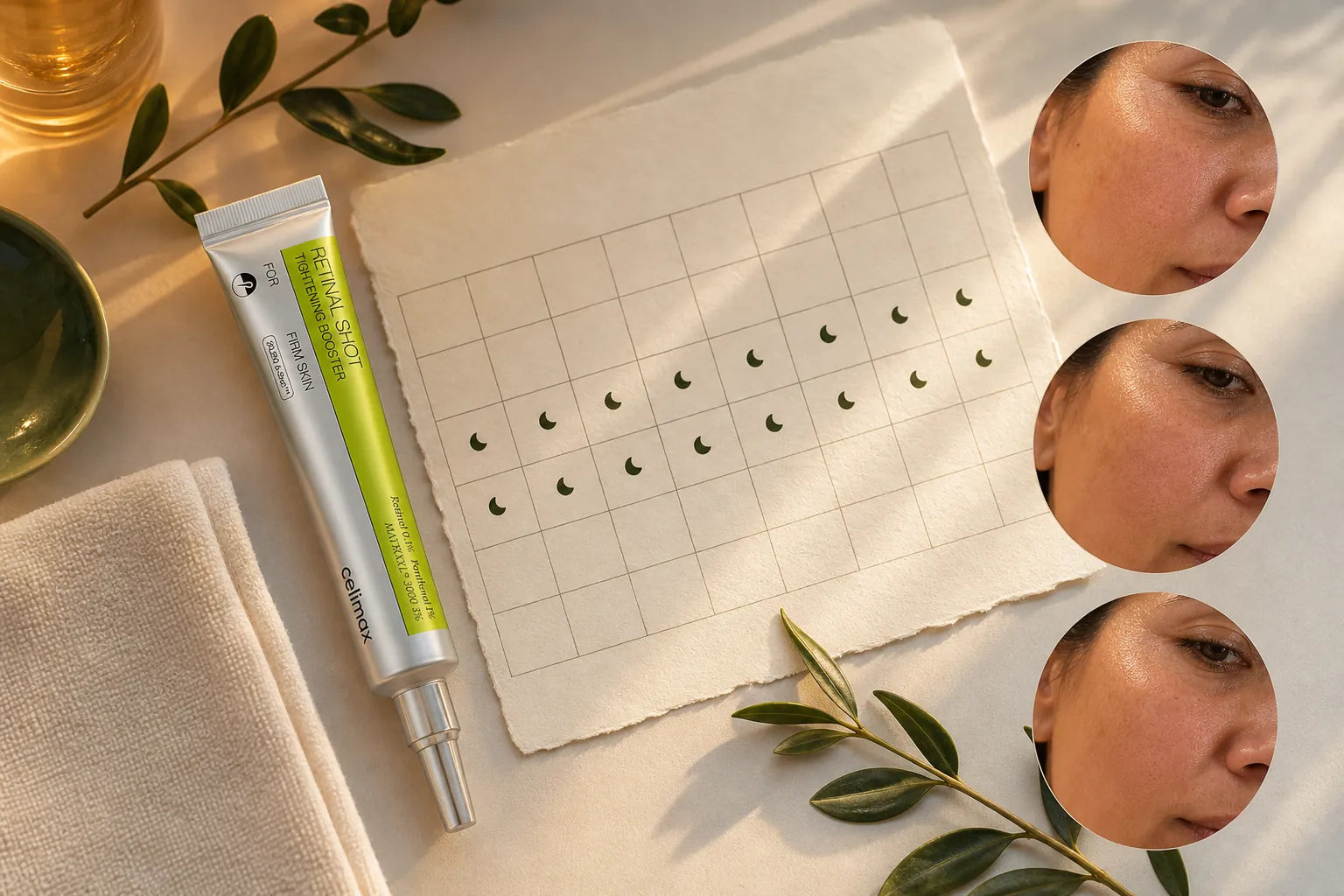 Calendario visual de constancia nocturna con acercamientos de piel real